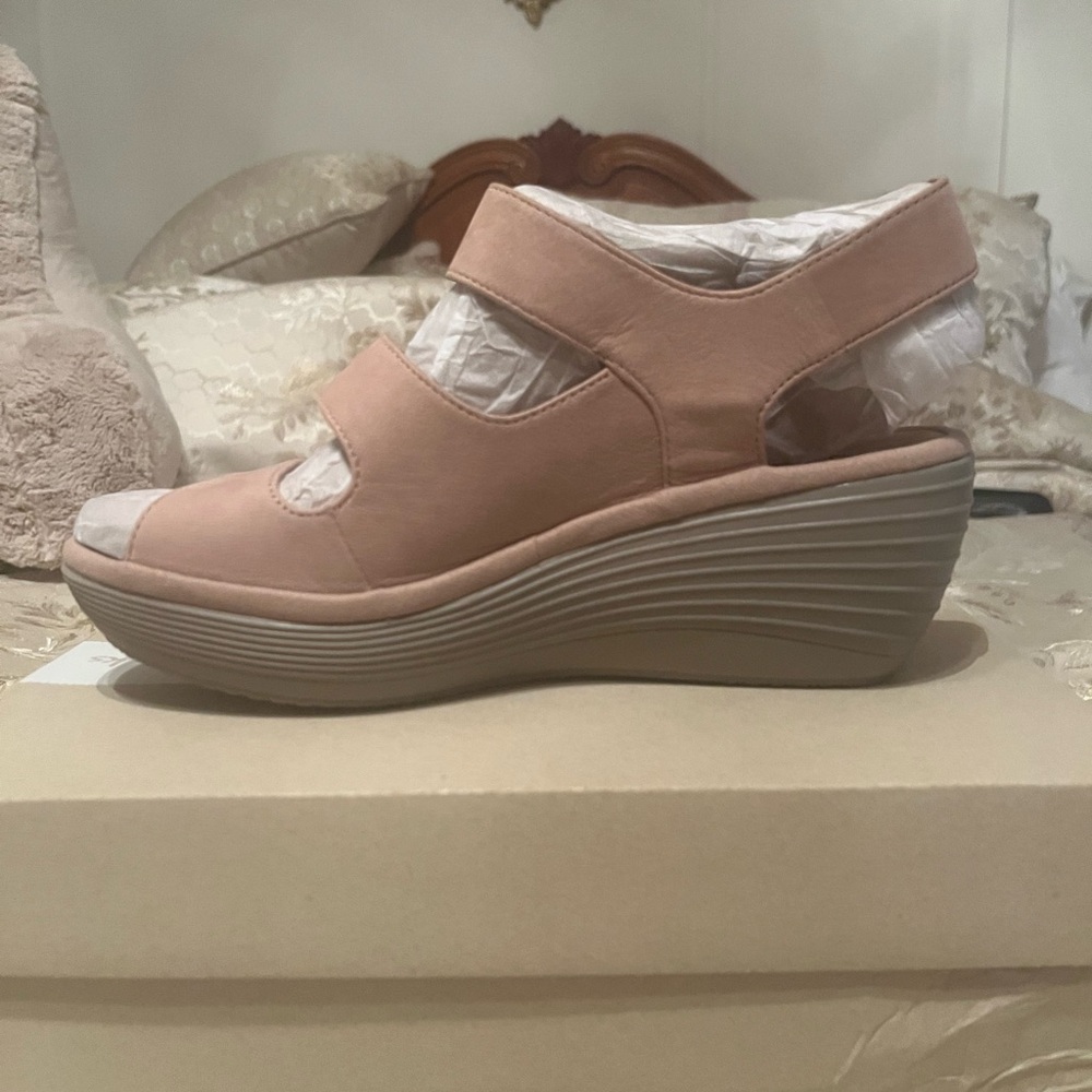 Clarks Tan Wedge Sandals with Adjustable Strap